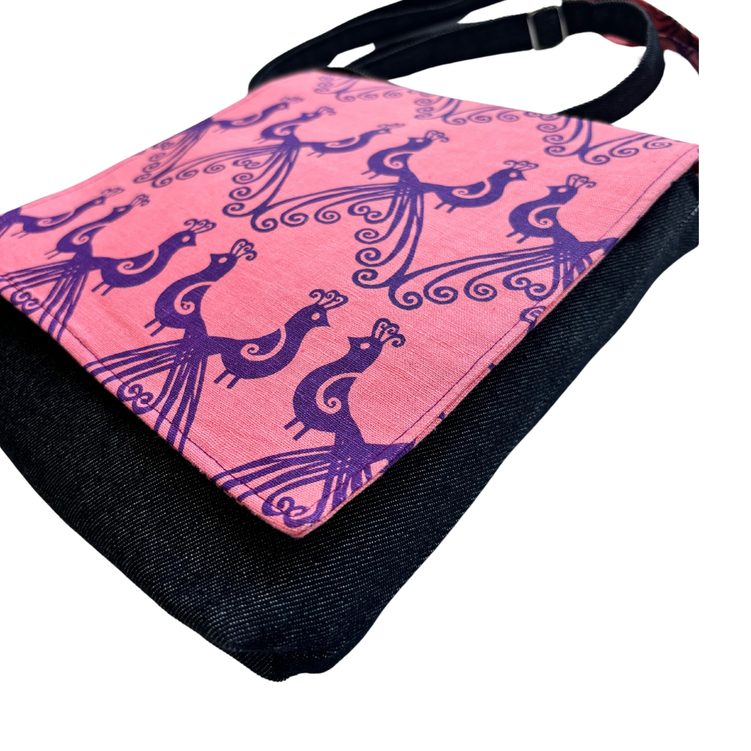 Peacocks in Purple Cross Body Dark Denim Satchel