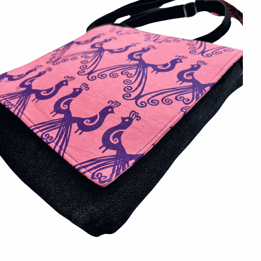 Peacocks in Purple Cross Body Dark Denim Satchel