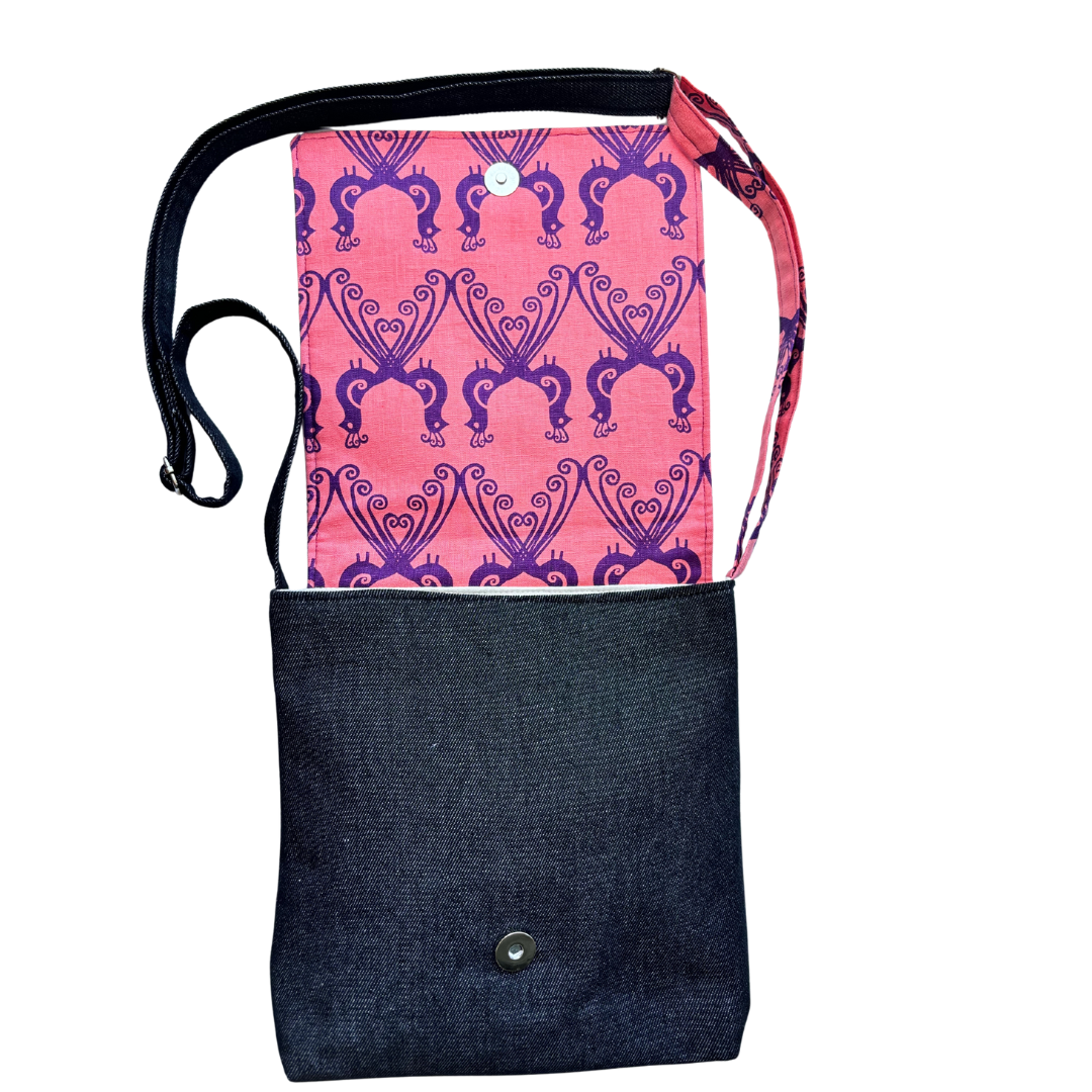 Peacocks in Purple Cross Body Dark Denim Satchel
