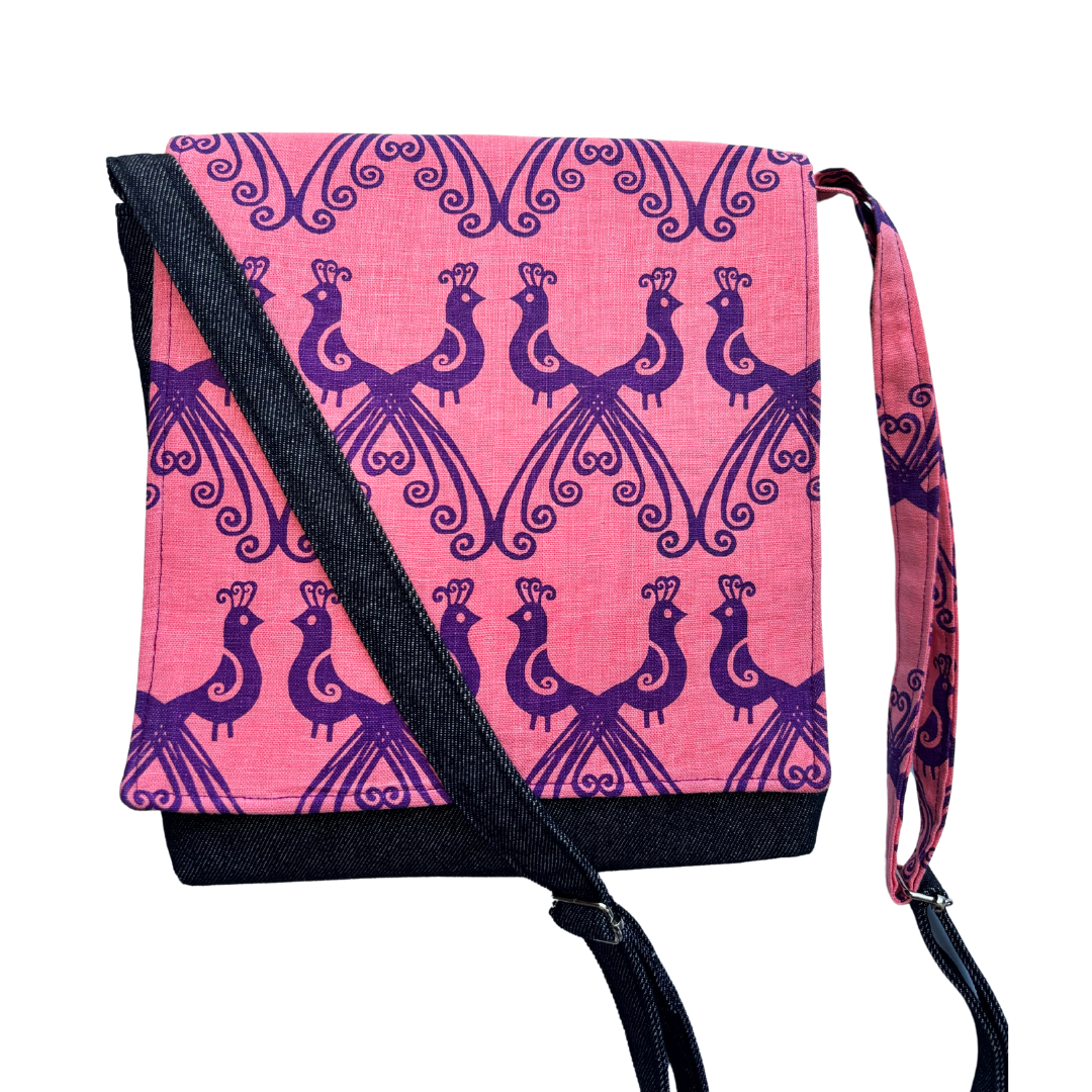 Peacocks in Purple Cross Body Dark Denim Satchel