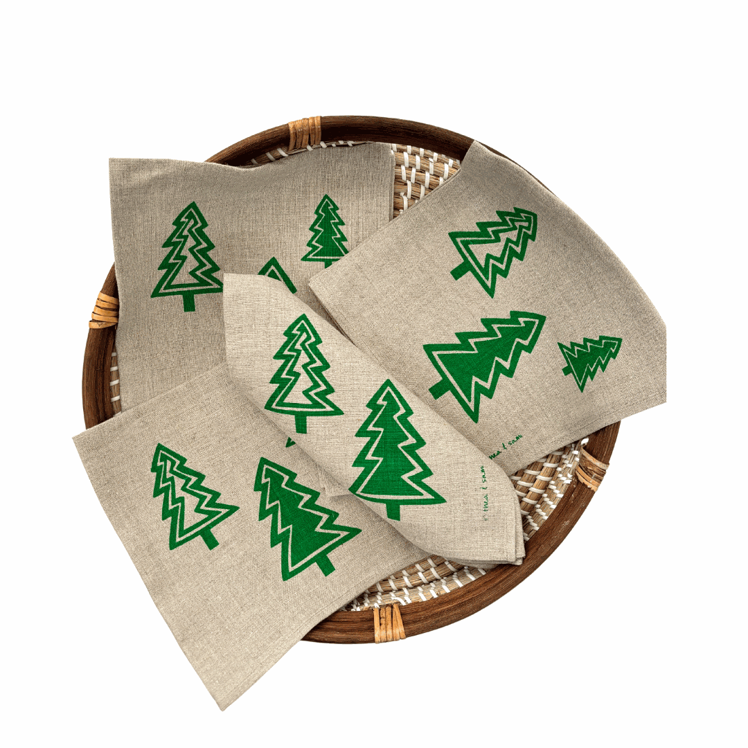 Set of 4 emerald green Christmas Trees Linen Napkins with handprinted fir tree design on natural linen