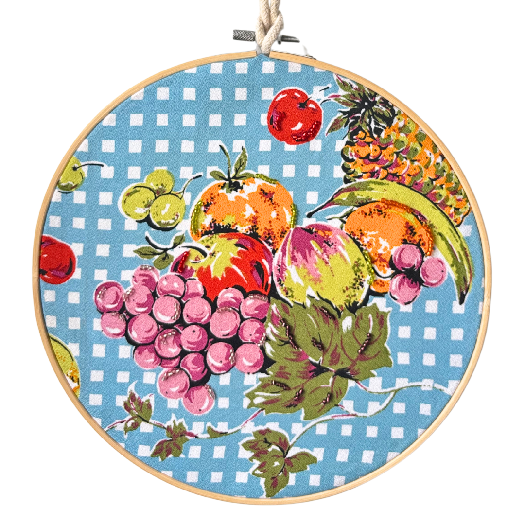 Retro Kitchen Fruit Bowl - Check tea towel wall hanging