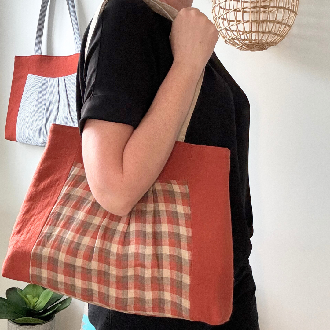 Handmade Penny Lane Pleated Tent Tote in Checked Linen