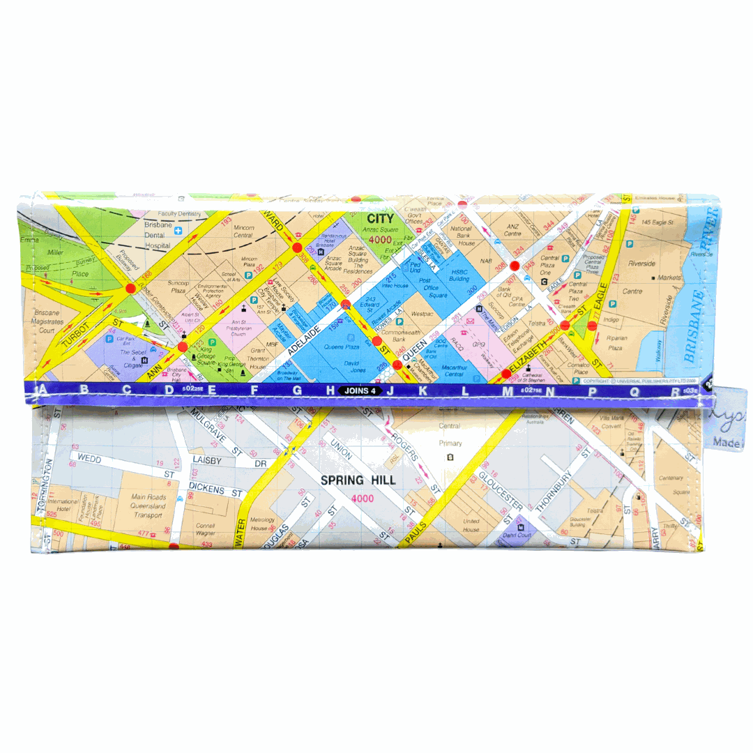 Recycled street map wallet made from Brisbane UBD directory featuring Spring Hill, Brisbane City Centre, and Fortitude Valley streets