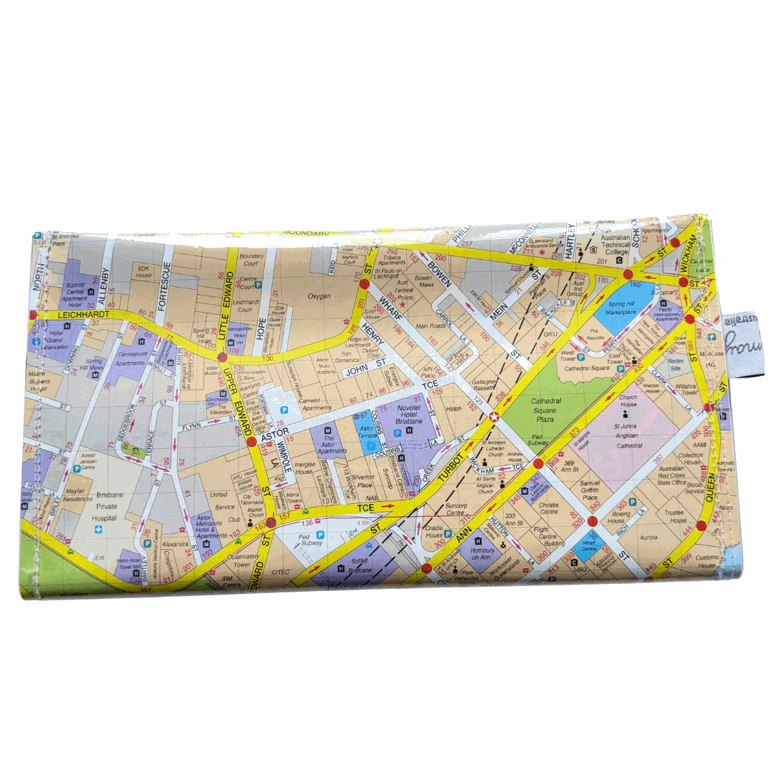 Recycled Street Map Wallet - Brisbane City Centre, Spring Hill, Fortitude Valley