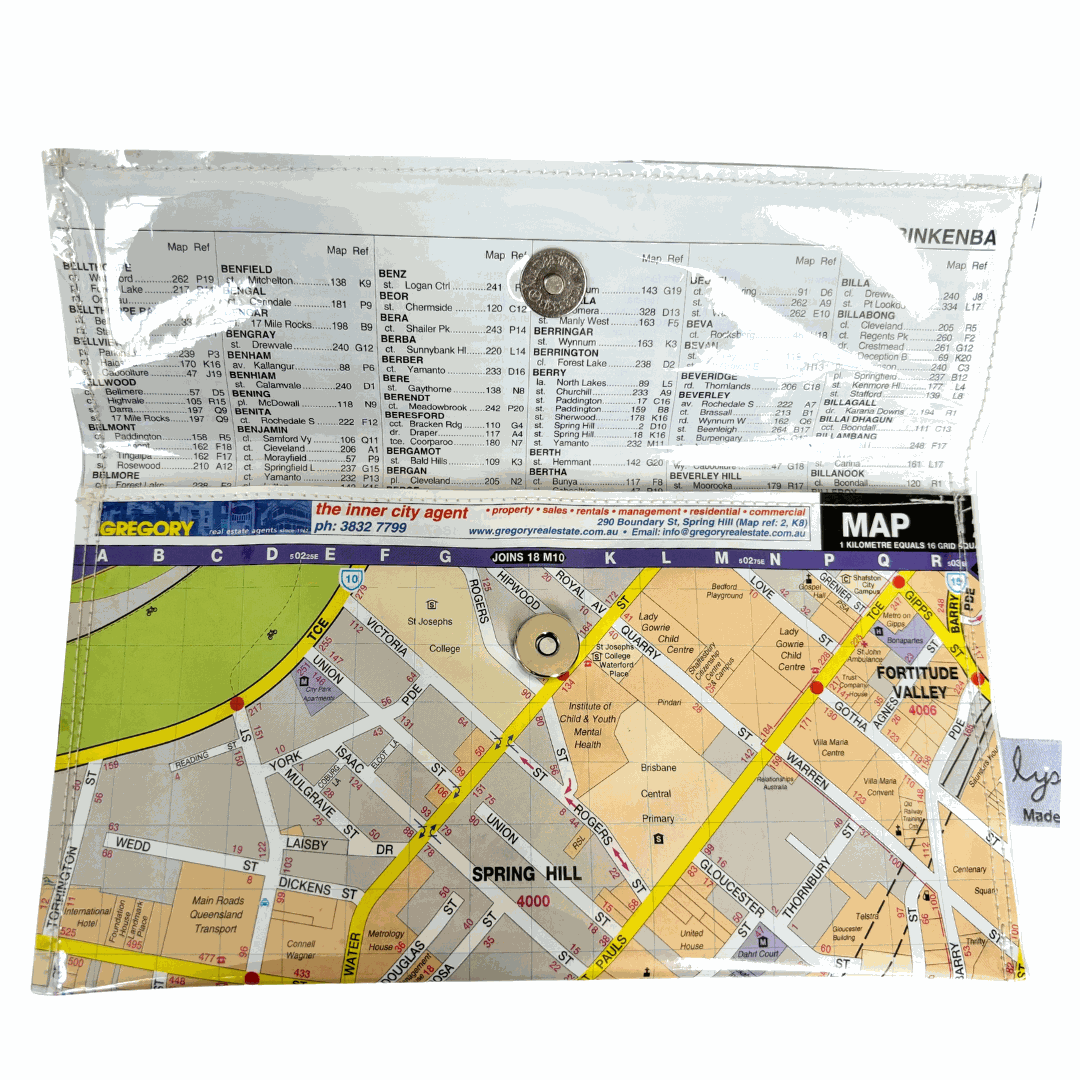 Recycled Street Map Wallet - Brisbane City Centre, Spring Hill, Fortitude Valley