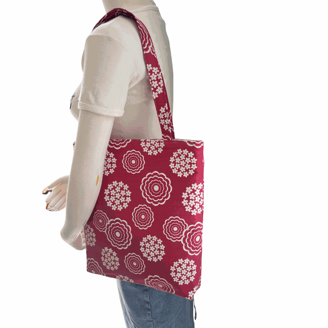 Handprinted Cottage Garden Handmade Shoulder Bag in White and Rouge