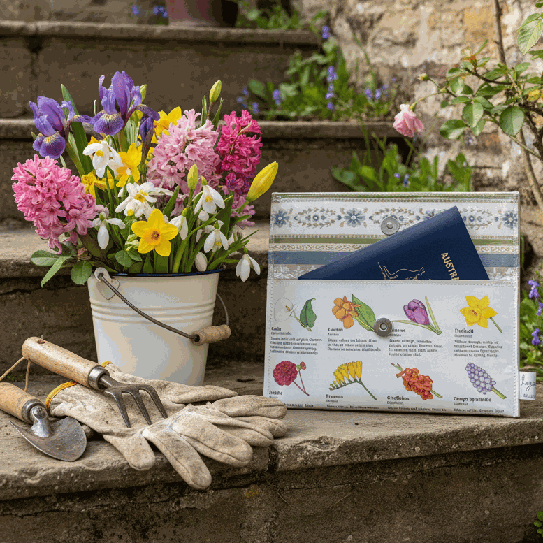 Floral arrangement in a bucket with gardening tools and a plant care guide on stone steps with handmade lyssymay wallet