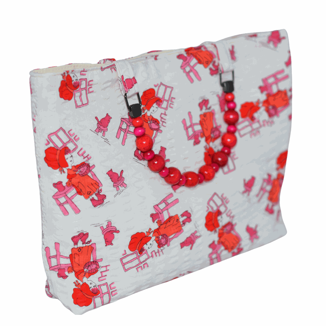 Busy Baking Vintage Fabric Shopper with Beaded Handles (Red/Pink)