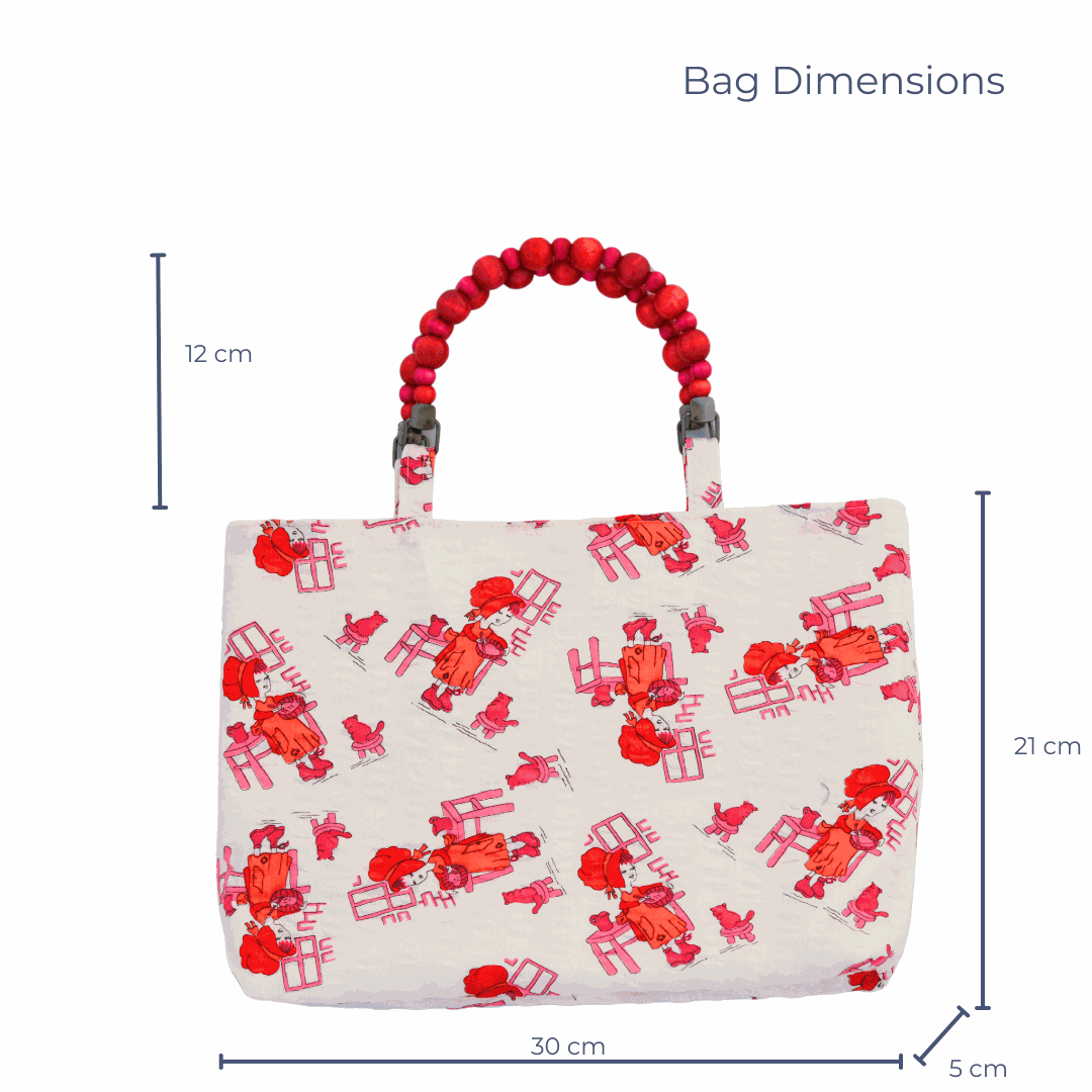 Busy Baking Vintage Fabric Shopper with Beaded Handles (Red/Pink)