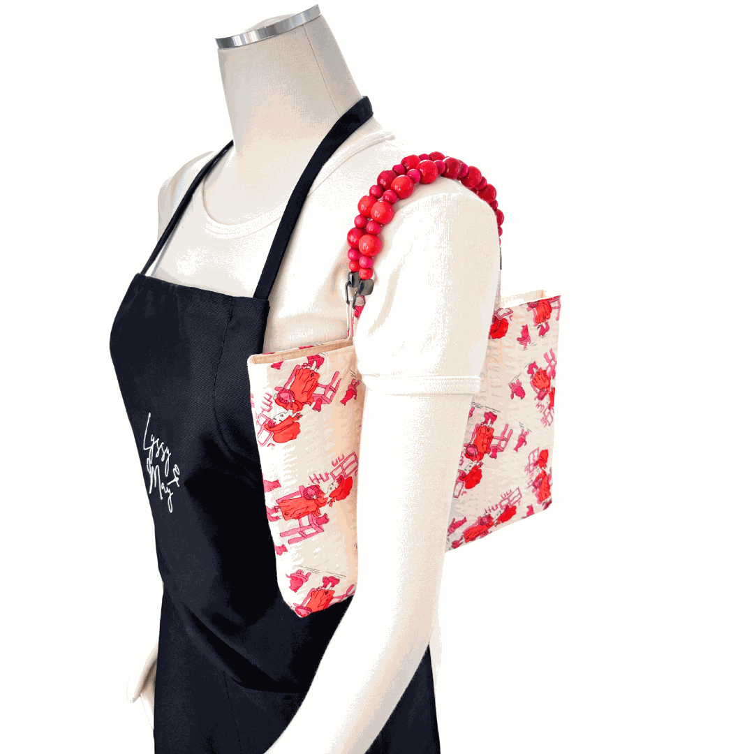 Busy Baking Vintage Fabric Shopper with Beaded Handles (Red/Pink)