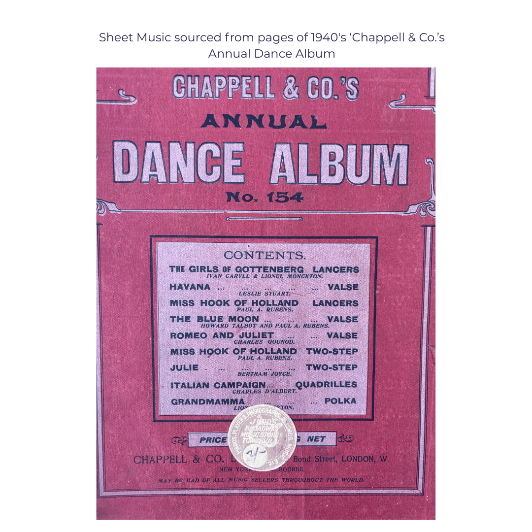 Cover of Chappell & Co.'s Annual Dance Album No. 154 from the 1940s. The pages have been used to create handmade wallets by Lyssy May.