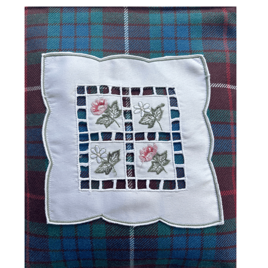 Fraser Tartan Bag – Embroidered Doily Pocket & Shoulder Strap