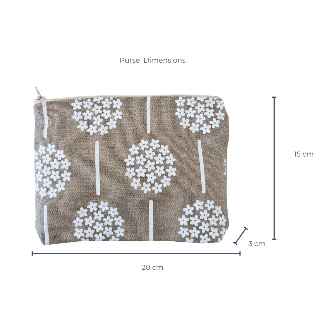 Purse with white floral pattern on linen fabric background, showing dimensions.