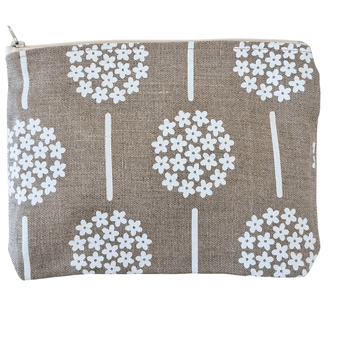 Pouch with white floral pattern on a natural linen background