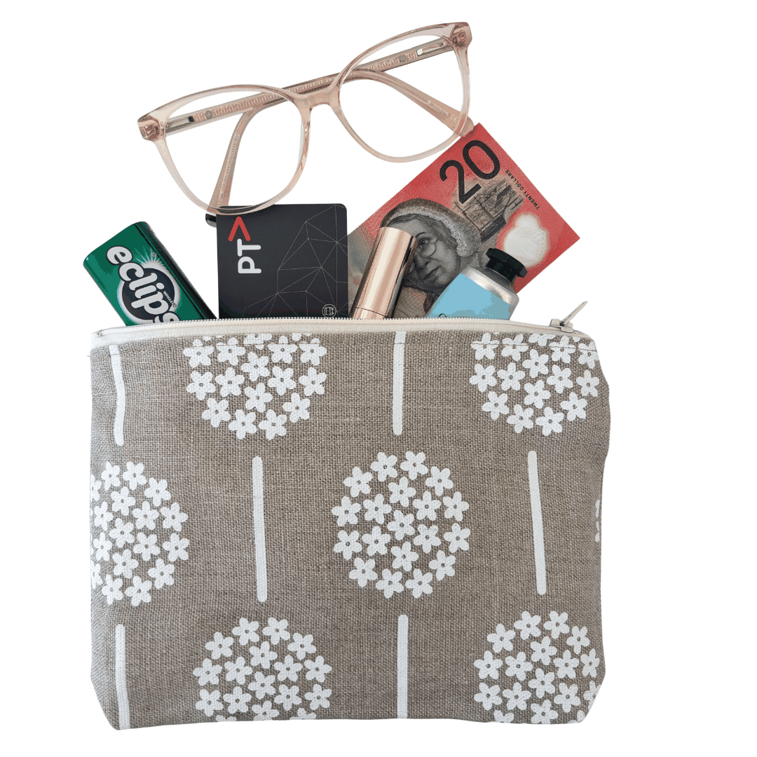 Cream hydrangeas screen-printed on natural linen zip purse with vintage floral pattern
