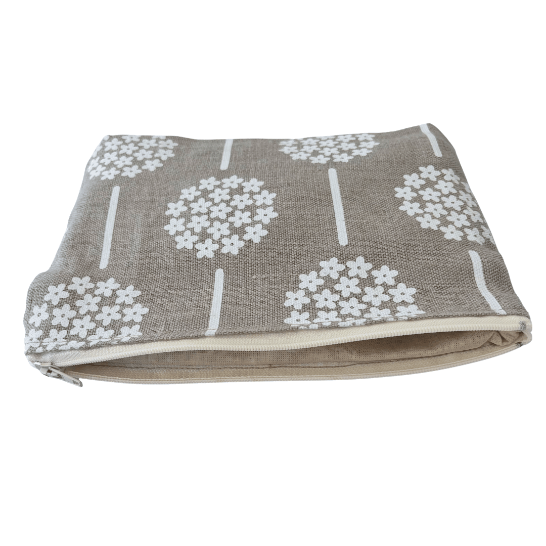 zip purse with white floral pattern on a linen background