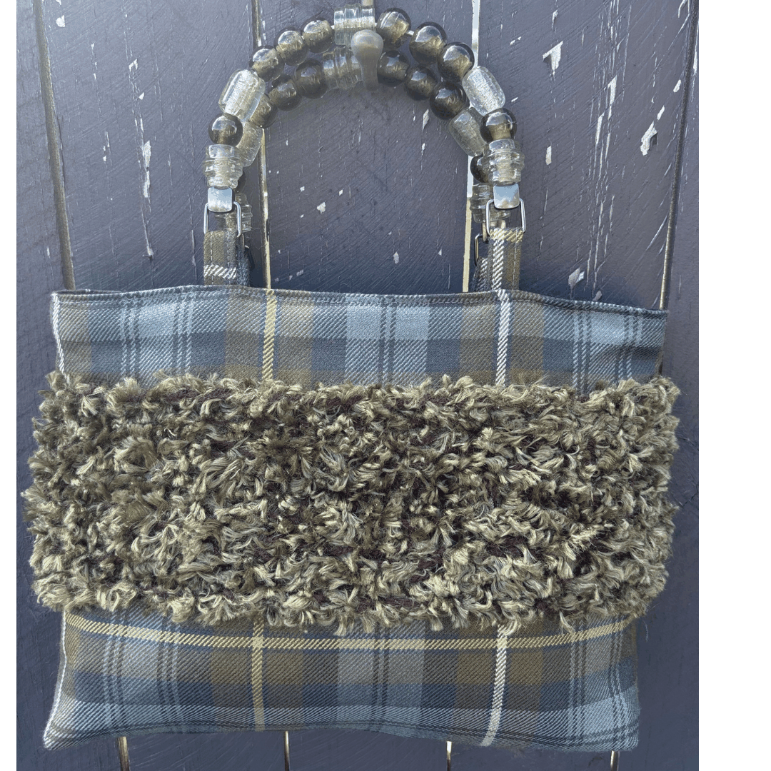 Weathered Gordon Tartan Bag – Handknitted Panel & Glass Bead Handles