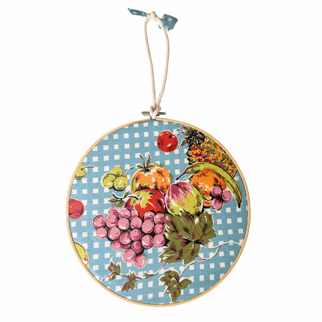 Handembroidered retro tea towel wall hanging with fruit pattern. Perfect gift for those who who have a retro kitchen.