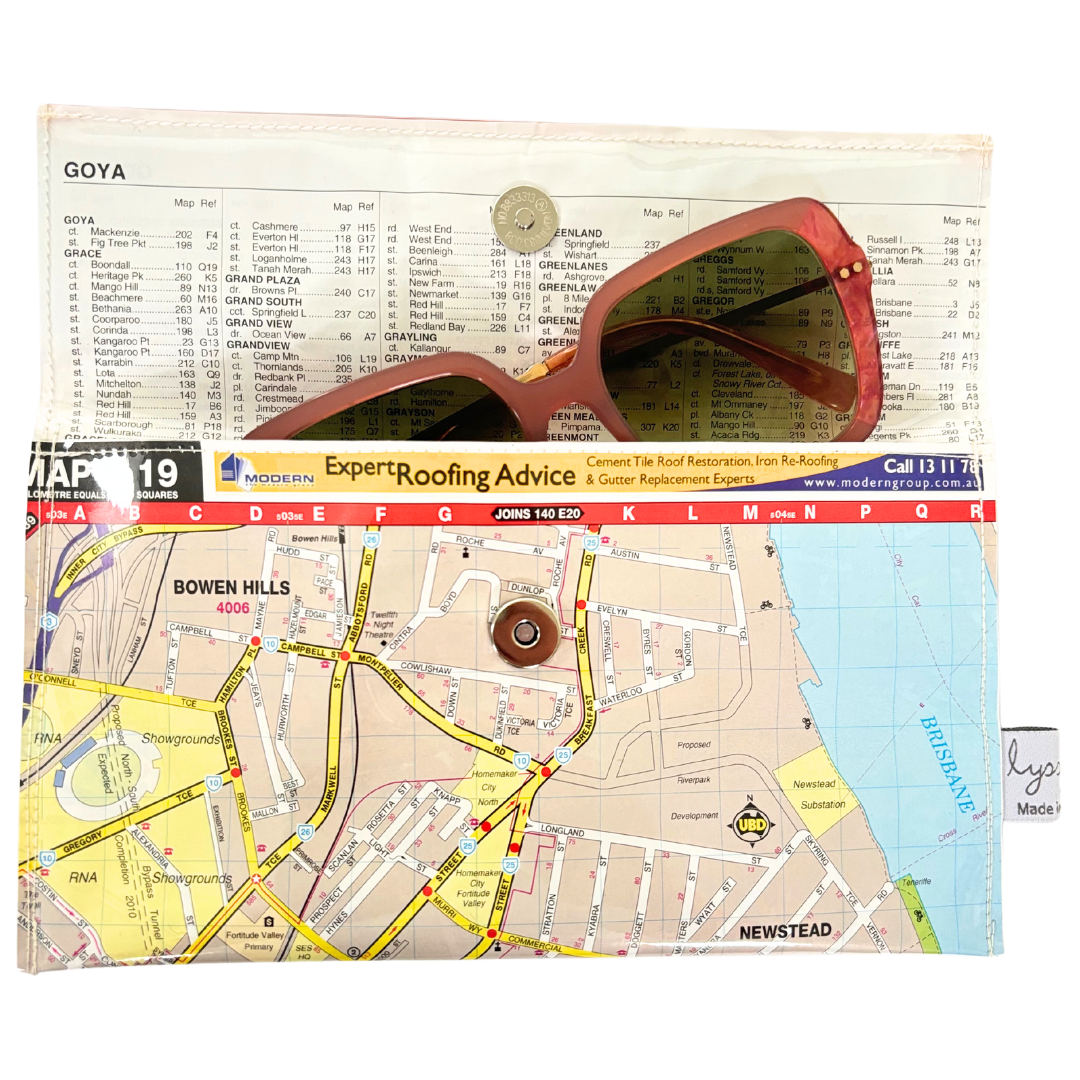 Handmade Street Map wallet created from original street directory pages. Perfect to keep things clean in your bag such as glasses, medicines, facemasks, travel documents and currency.
