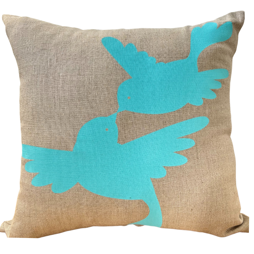 handprinted linen cushion cover featuring limited edition and original print by Thea and Sami