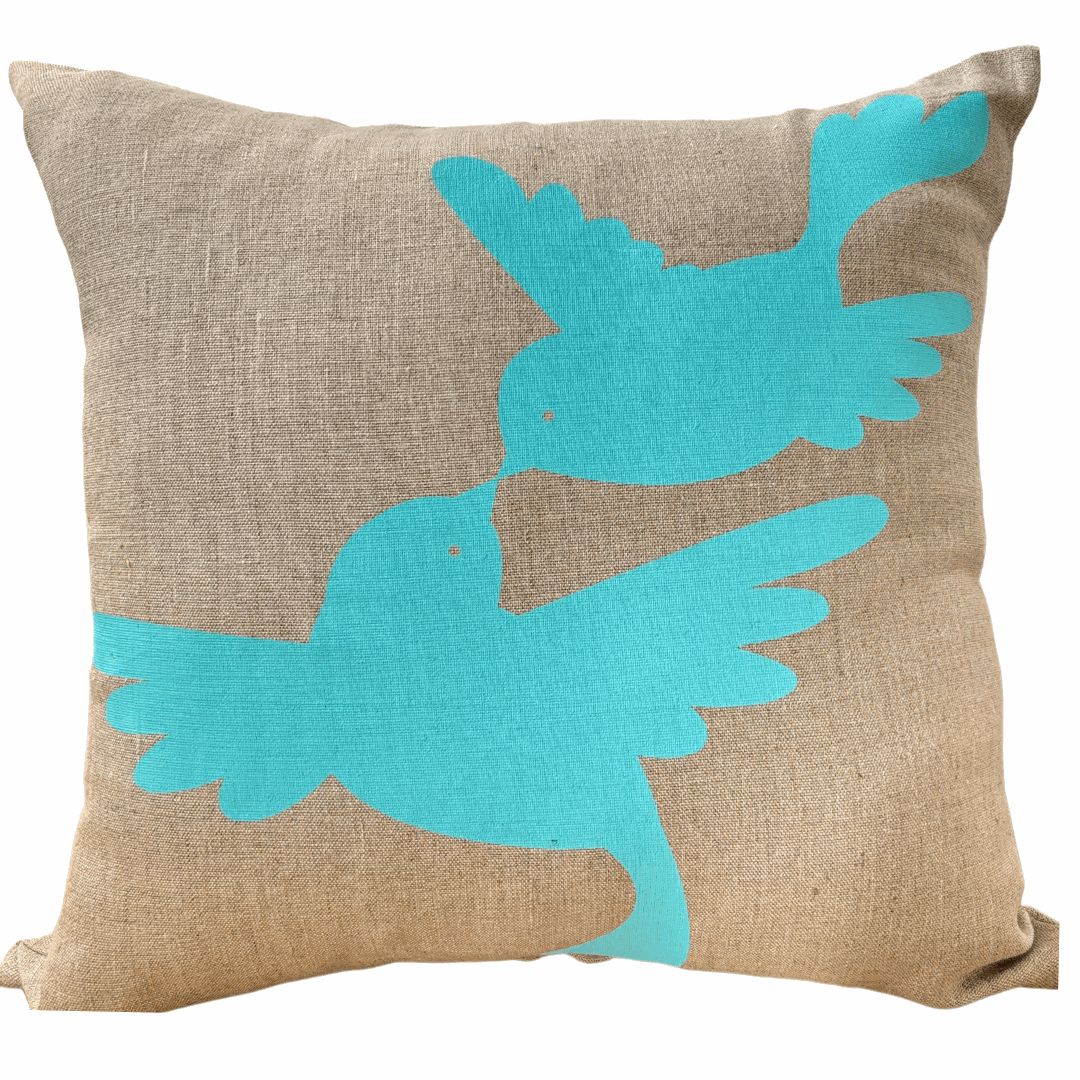 Dove Love Cushion Cover hand-printed in aqua on natural linen with eco-friendly inks