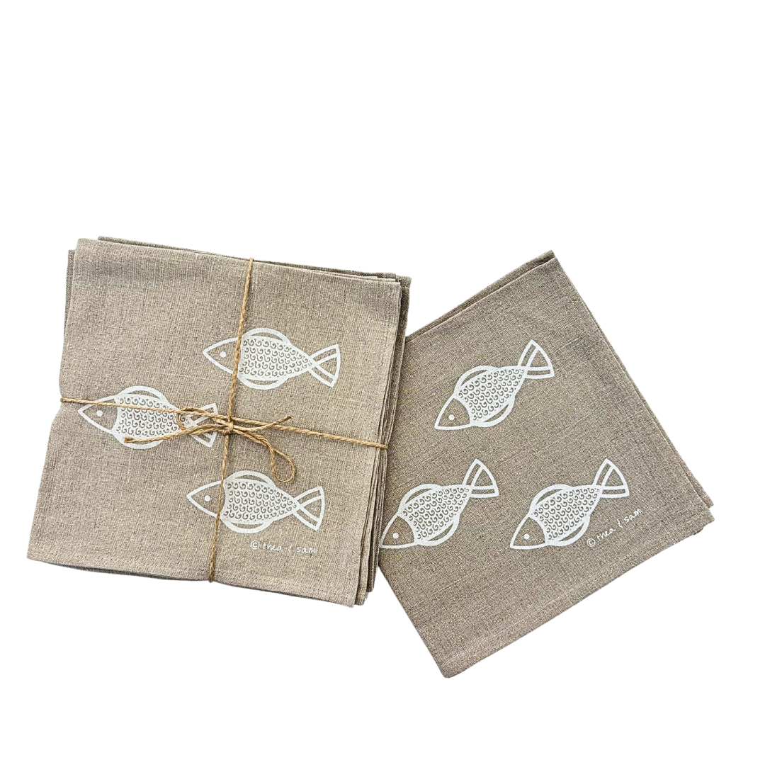 Handprinted linen napkins sold in set of 4 by Lyssy May featuring Thea and Sami prints