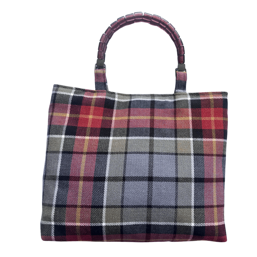 Wool Tartan Bag – Flower Brooch & Glass Bead Handles
