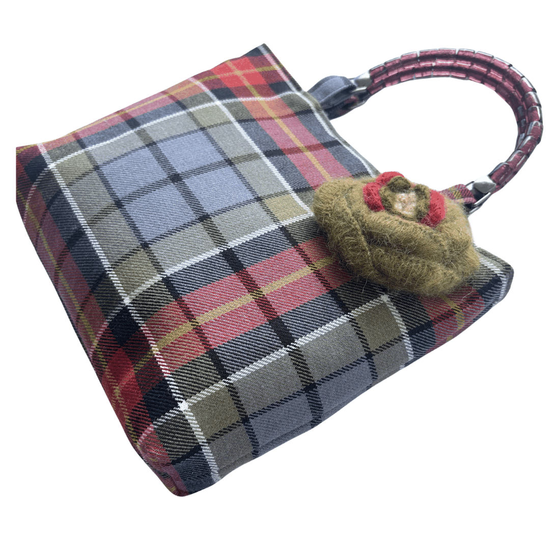 Wool Tartan Bag – Flower Brooch & Glass Bead Handles