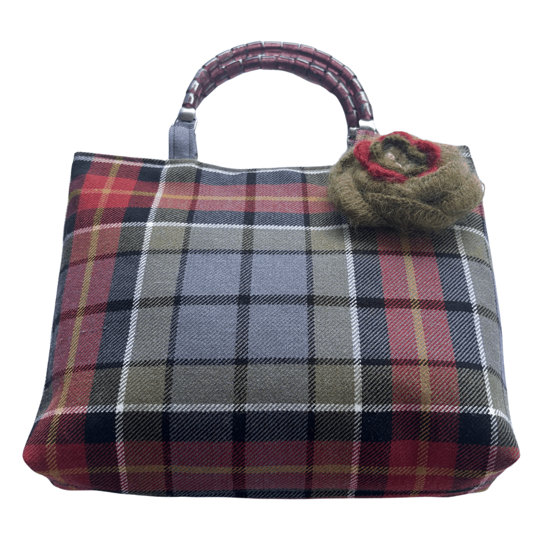 Wool Tartan Bag – Flower Brooch & Glass Bead Handles