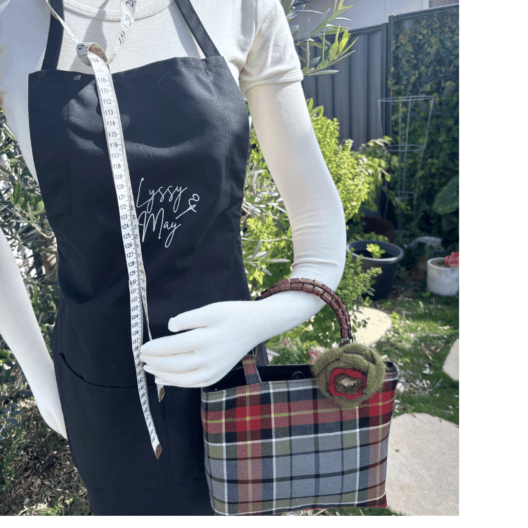 Wool Tartan Bag – Flower Brooch & Glass Bead Handles