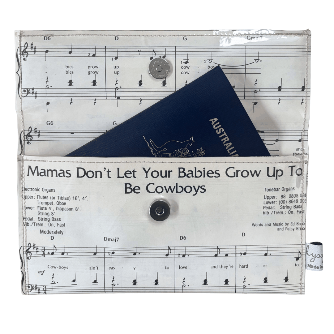 Vintage Sheet Music Wallet featuring "Mamas Don't Let Your Babies Grow up to be Cowboys" song lyrics and music pages