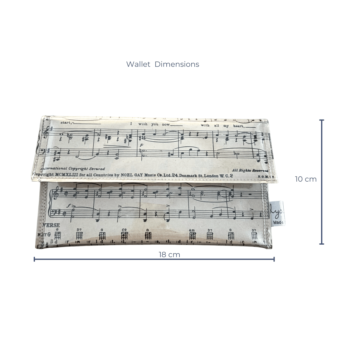 Wallet made from vintage sheet music from 1940s by Lyssy May Australia. Front view showing music and lyrics. Dimensions are 18cm wide by 10 cm high.