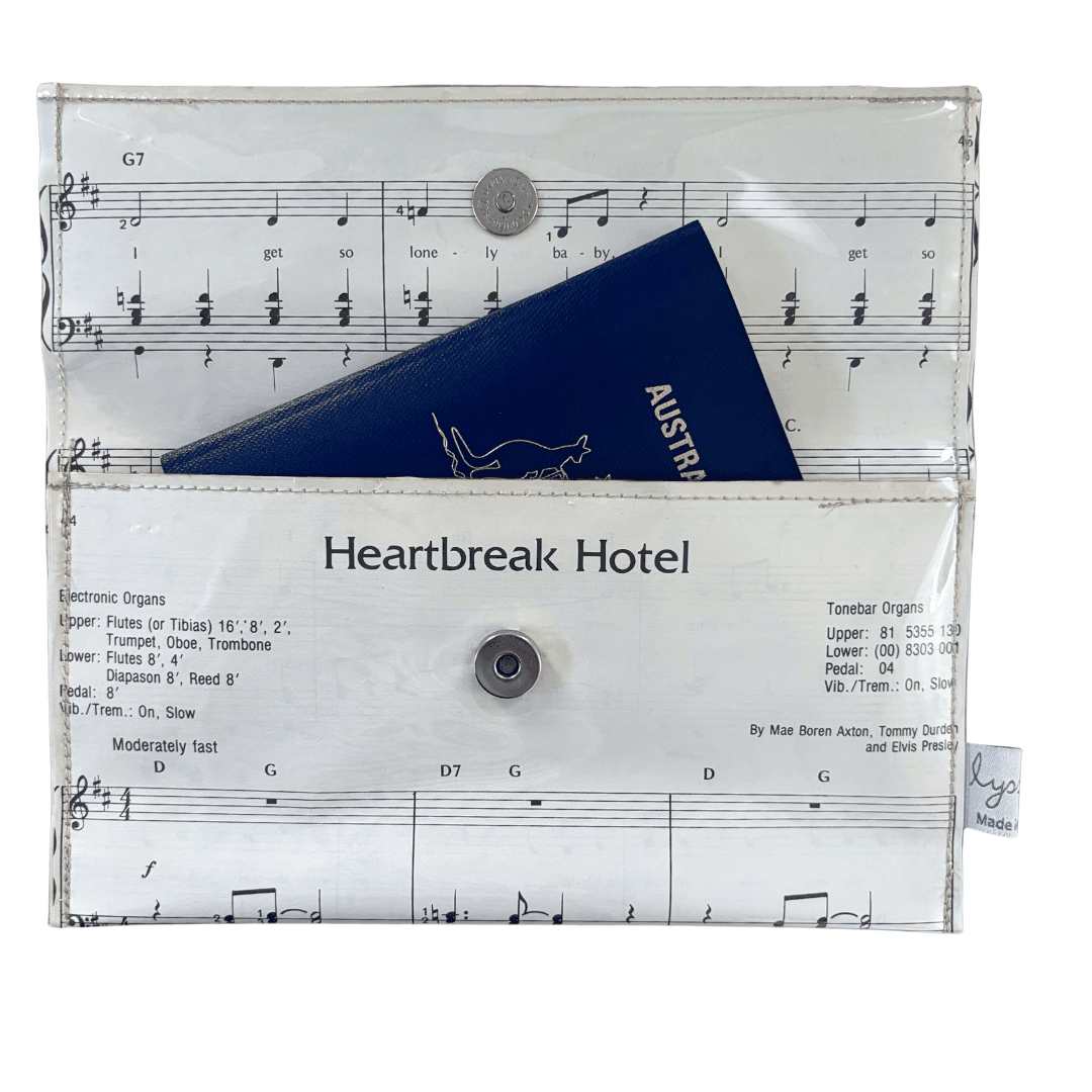 Vintage Sheet Music Wallet featuring Elvis Presley Heartbreak Hotel lyrics and magnetic clasp