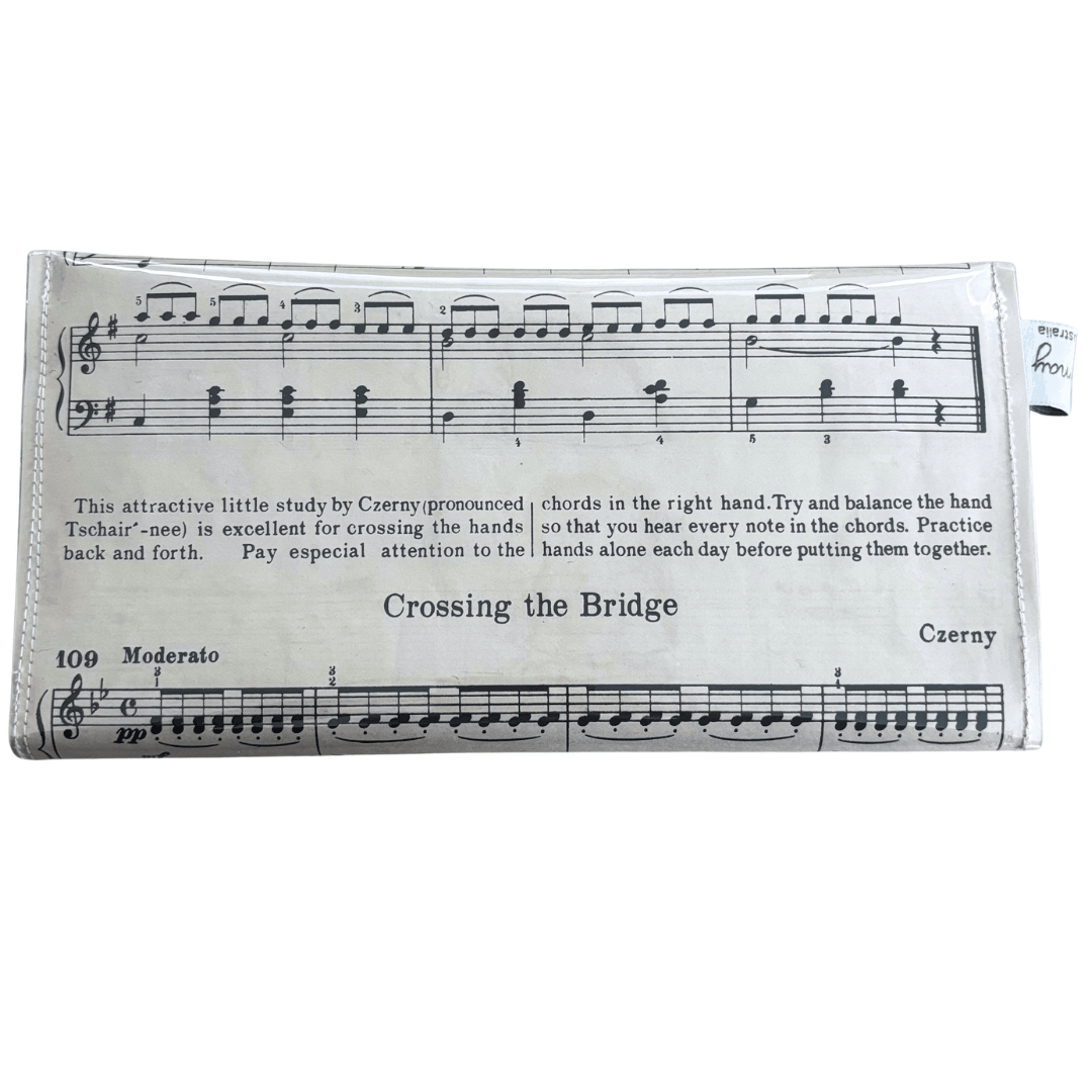 Back of handmade sheet music wallet showing Crossing the Bridge by Czerny from a vintage 1940s Australian piano lesson book, made by Lyssy May