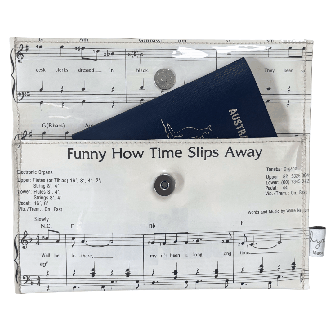 Vintage Sheet Music Wallet featuring Willie Nelson lyrics and Elvis Presley sheet music designs
