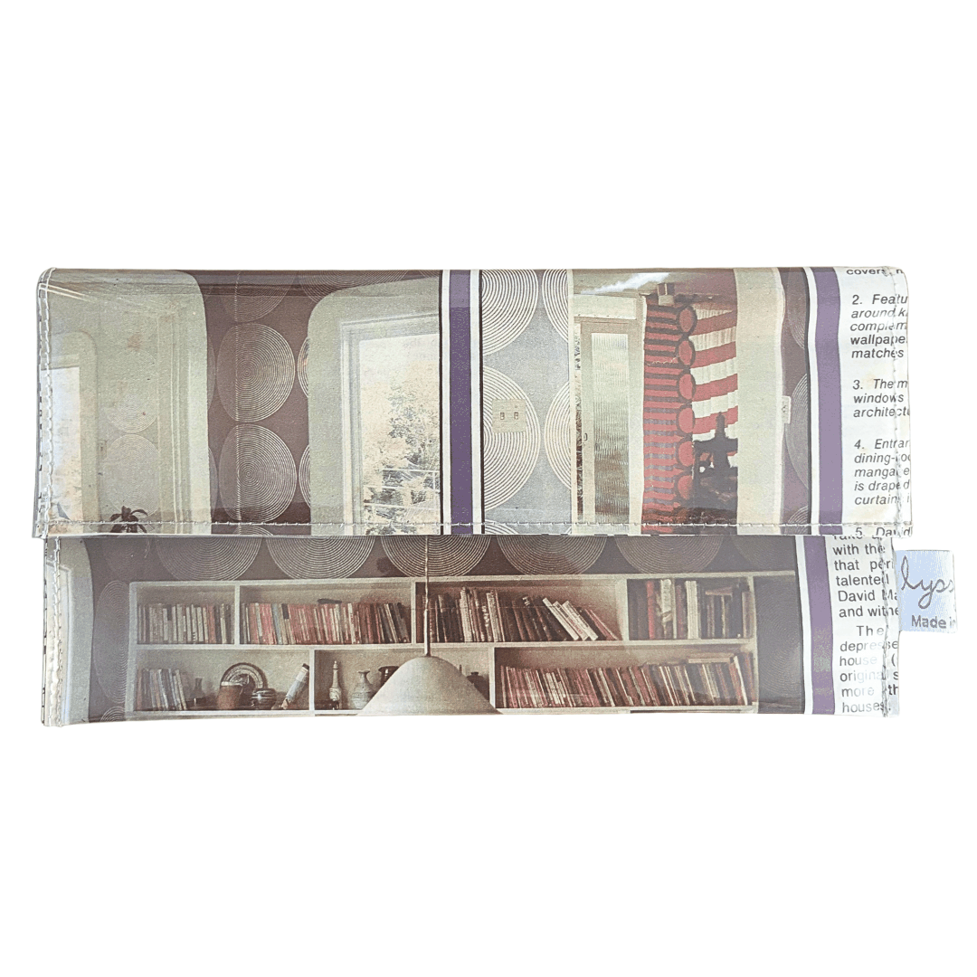 Retro 1970's magazine wallet made from vintage Home Beautiful pages with purple and olive wallpaper design
