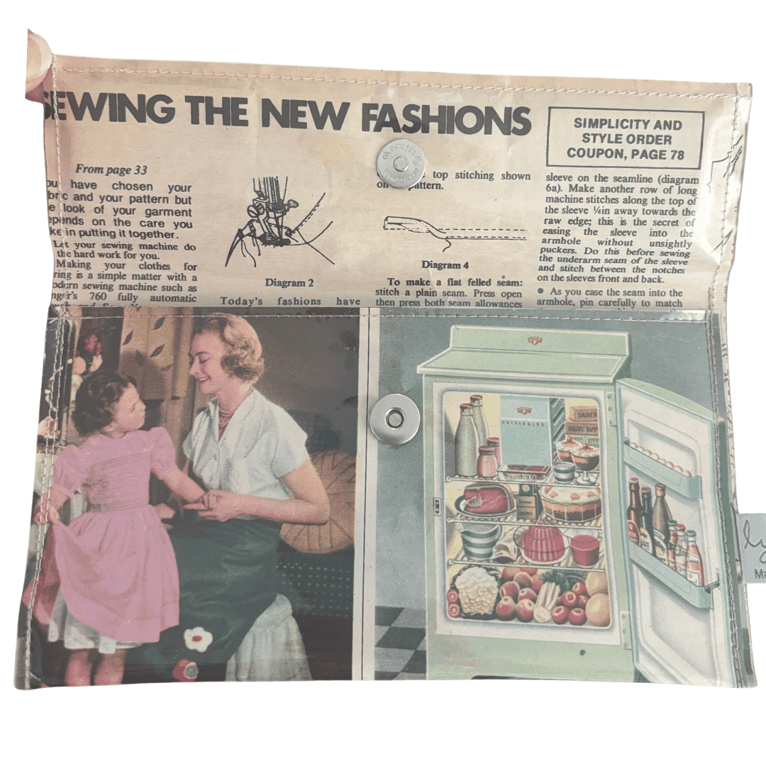 Vintage 1950's magazine wallet featuring Singer sewing machine ads and Frigidaire fridge pages, slimline and handmade with magnetic closure.