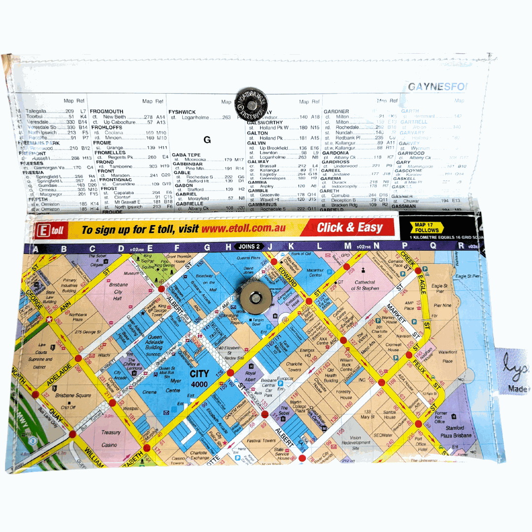 Recycled Map Wallet by LyssyMay Brisbane city centre inside view of lining with magnetic clip