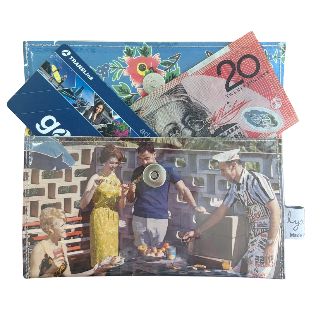 Collage of vintage-style images with people and a 20 dollar note on top showing size of handmade wallet