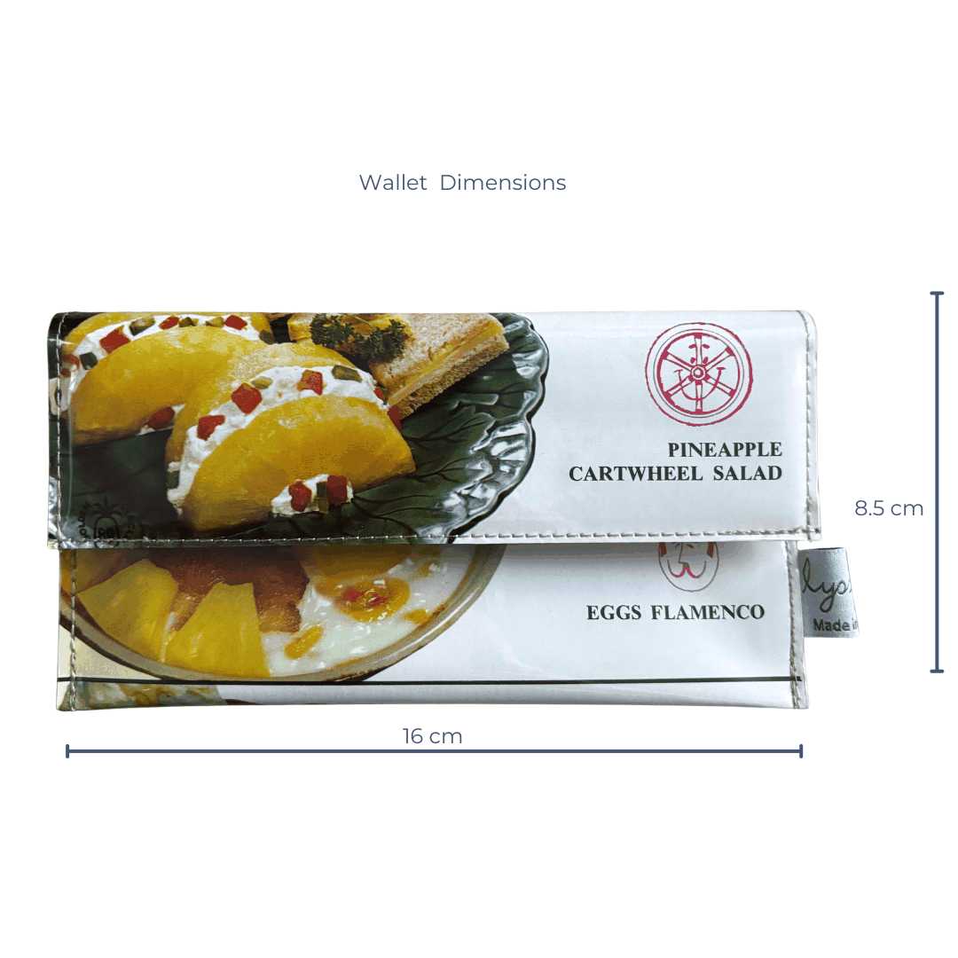 handmade wallet with pineapple cartwheel salad and eggs flamenco designs, showing dimensions on a white background.