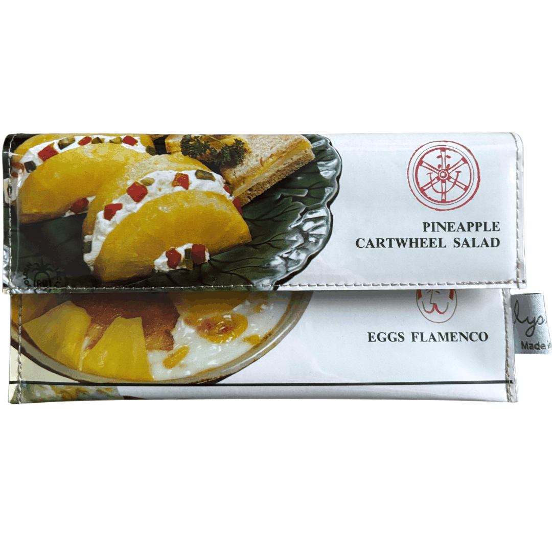 Retro Recipe Wallet made from 1960s Golden Circle cookbook pages featuring Pineapple Cartwheel Salad design