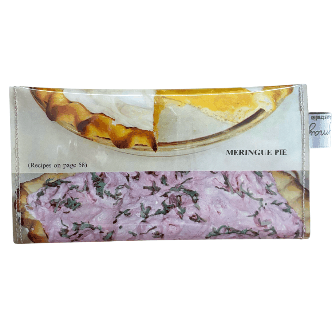 Lyssy May handmade wallet from Golden Circle tropical recipe book with Meringue Pie picture on back.