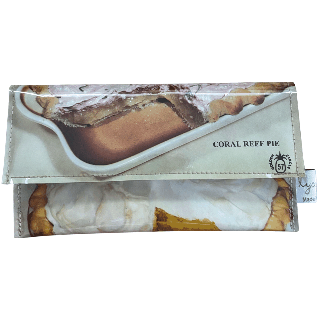 Lyssy May handmade wallet from Golden Circle tropical recipe book with Coral Reef Pie picture on front.