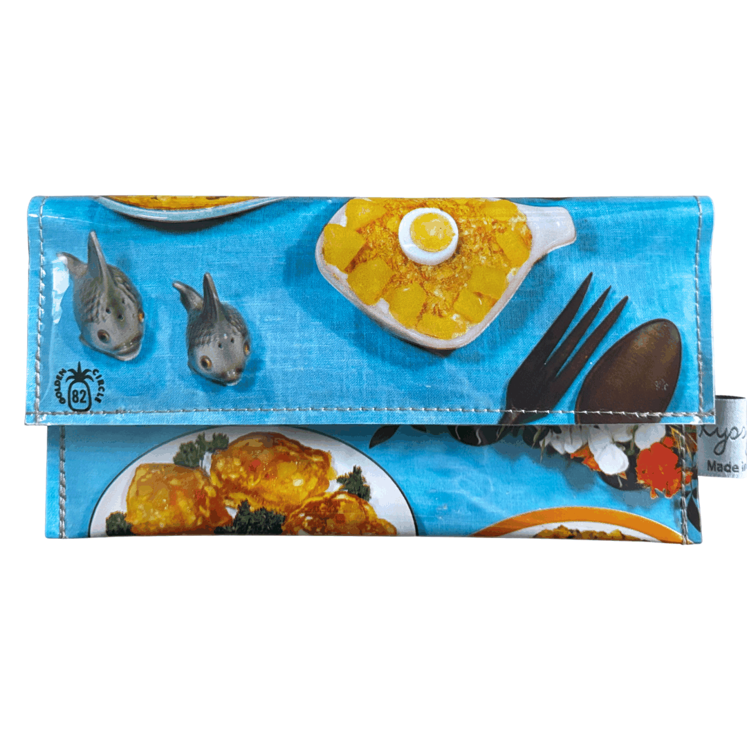 Retro Recipe Wallet featuring 1960s pineapple and egg dish cookbook pages with blue floral tablecloth design