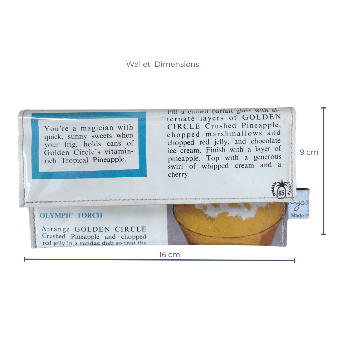 LyssyMay handmade wallet created from Tropical Golden Circle vintage cookbook. Dimensions 16 cm by 9 cm