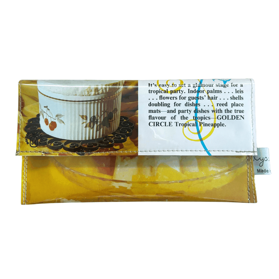 Retro recipe wallet made from 1960s cookbook pages featuring pineapple souffle design