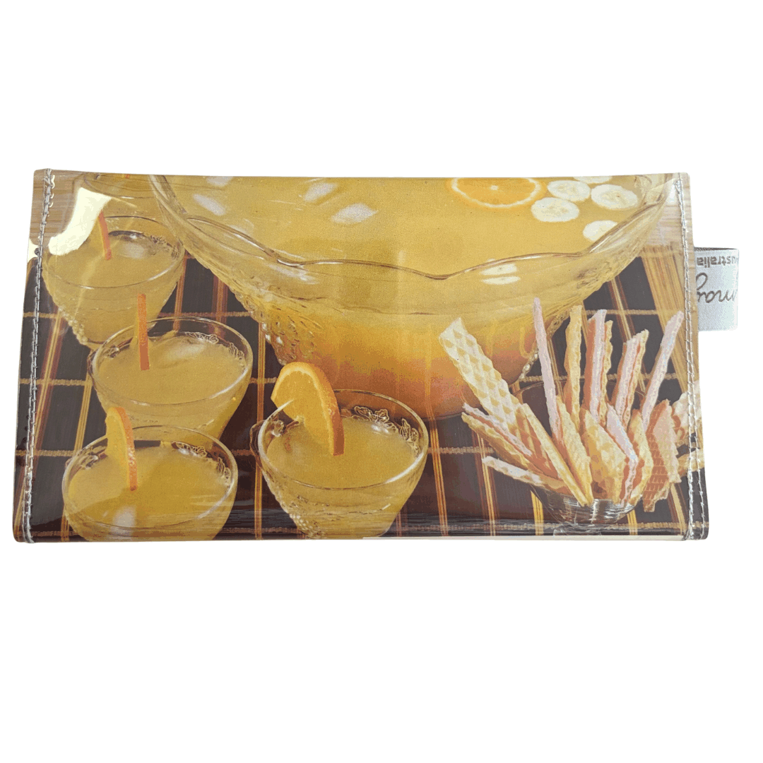 Punch bowl with a printed design of drinks and snacks on a white background