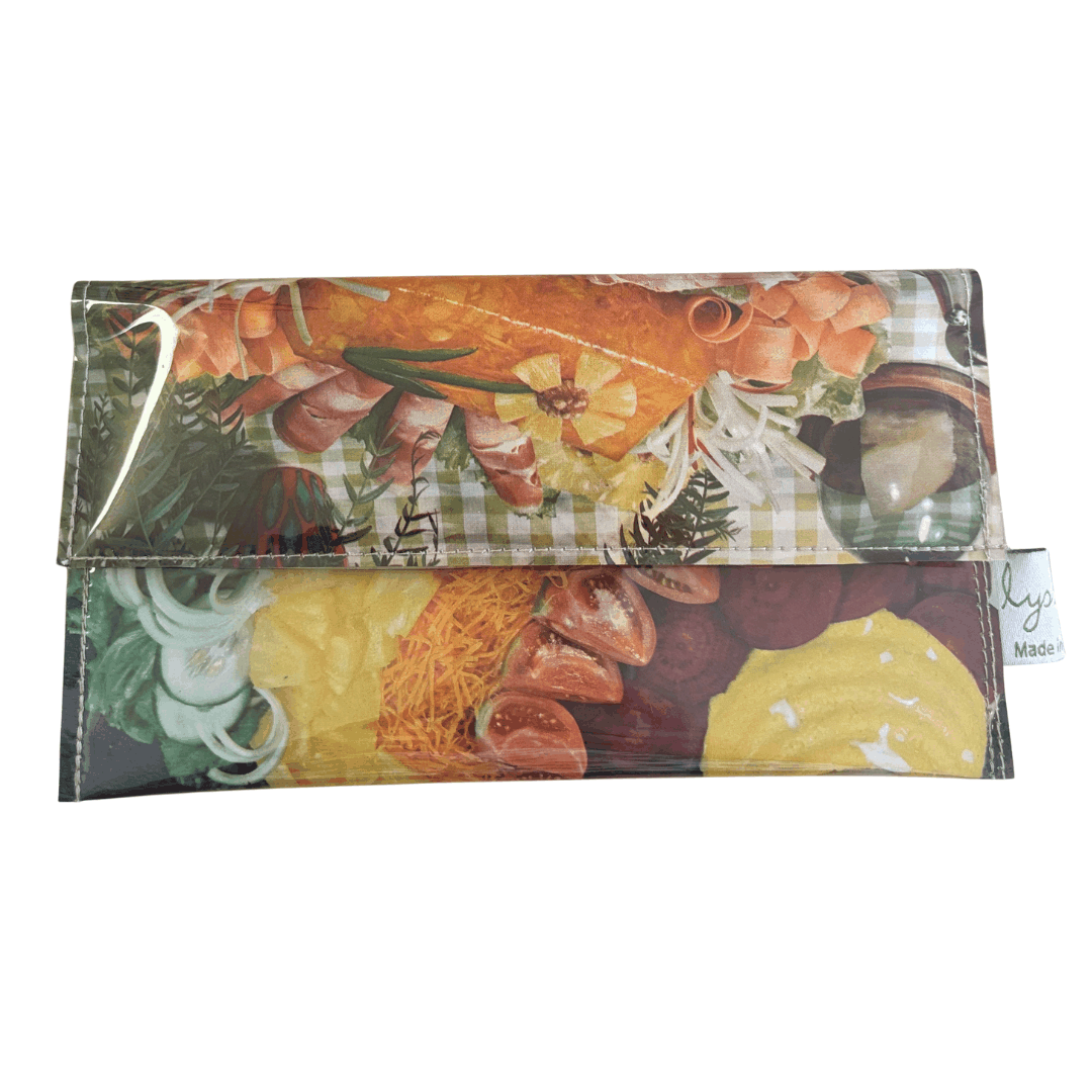 Retro Recipe Wallet made from 1960s Golden Circle Tropical Cook Book pages with summer salad design and magnetic clasp