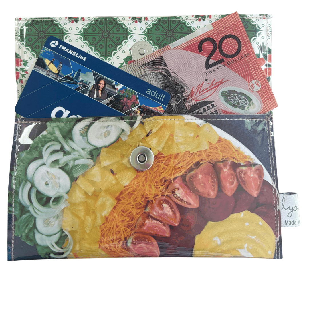 Wallet with a food print containing money and cards on a white background